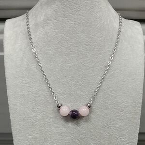 Rose Quartz Amethyst Three Bead Necklace Natural Gemstone Crystal StainlessSteel